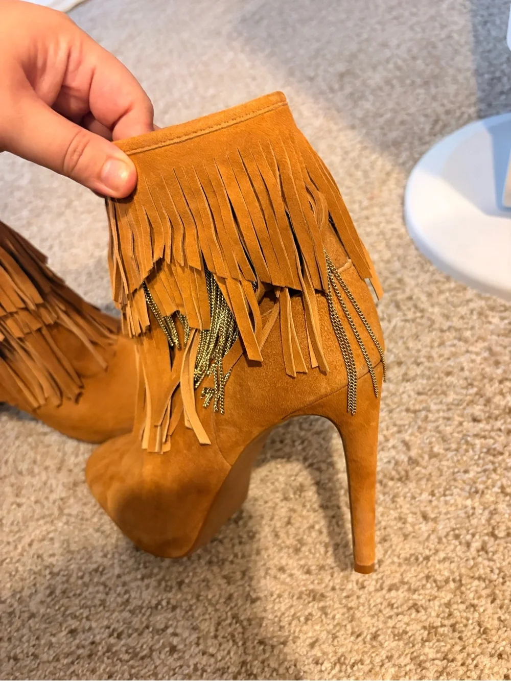Gianni Bini Brown Suede Fringe High Heel Ankle Booties with Gold Chains